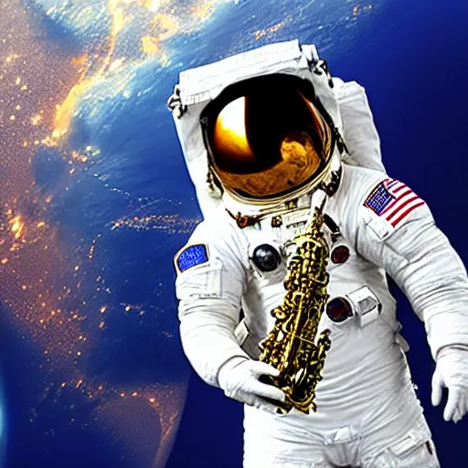 Image similar to astronaut using a saxophone in space, hd, earth, realistic, detailed, award winning image