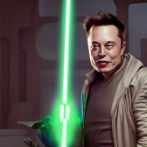 Image similar to elon musk fighting yoda wwith a lightsaber, sharp, detailed face, 8 k, octane render