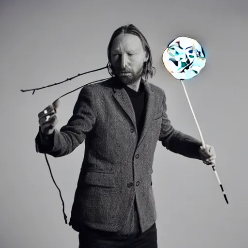 Image similar to Thom Yorke, Thom Yorke, Thom Yorke, holding the moon upon a stick, with a beard and a black jacket, a portrait by John E. Berninger, dribble, neo-expressionism, uhd image, studio portrait, 1990s
