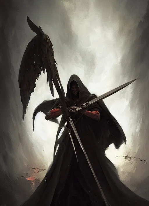 Image similar to a portrait of a beautiful angel of death holding a large scythe by marco bucci and greg rutkowski, sharp focus, detailed, cinematic, closeup