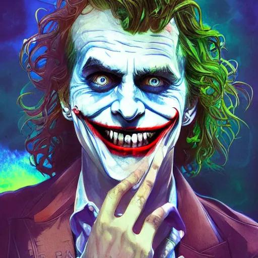 Image similar to the joker mad with laughter, epic scene dreaming acid - fueled hallucinations, psychedelic high detail, digital art, illustration, realistic award, disney concept art watercolor illustration by mandy jurgens and alphonse mucha and alena aenami