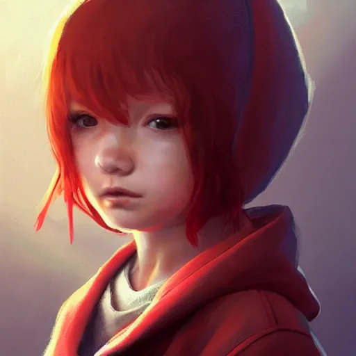 Image similar to a tiny girl with short red hair wearing a hoodie, digital art, cute face, very beautiful face, pretty face, very detailed eyes, full body illustration, 8 k resolution, soft painting, by greg rutkowski, wlop, rossdraws,