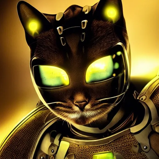 Prompt: humanoid with cat-like features in futuristic space armor with force fields, yellow eyes, teeth that protrude past the lower lip and fine grayish fur on their faces and backs of their hands and carrying weapons, octane,