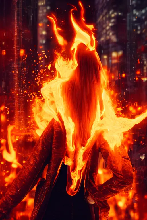 Prompt: young blonde woman from behind with flames dancing on her hands with a long jacket in a cyberpunk city, realistic, high definition, 4K, shimmering color, digital art