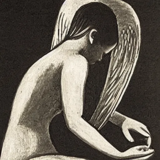 Prompt: a girl drawing an angel in the design of Pablo Picasso