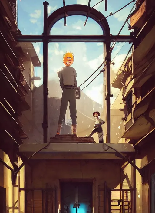 Image similar to highly detailed krillin standing outside building with a window with metal bars and naruto uzumaki with black hair behind them art by greg rutkowski, loish, rhads, ferdinand knab, makoto shinkai and lois van baarle, ilya kuvshinov, rossdraws, tom bagshaw, global illumination, radiant light, detailed and intricate environment