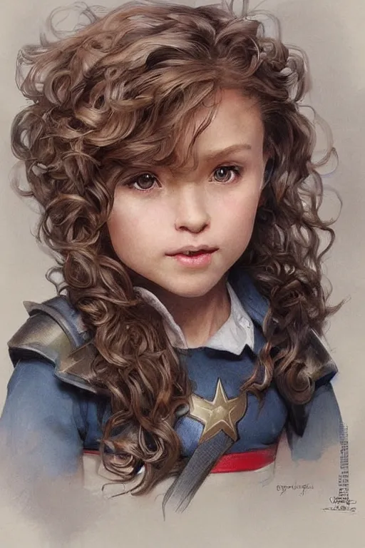 Prompt: a little girl with a mischievous face and short!! light brown curly wavy hair. she is dressed as captain america, spider - man, batman, captain marvel, a superhero. clean elegant painting, beautiful detailed face. by artgerm and greg rutkowski and alphonse mucha