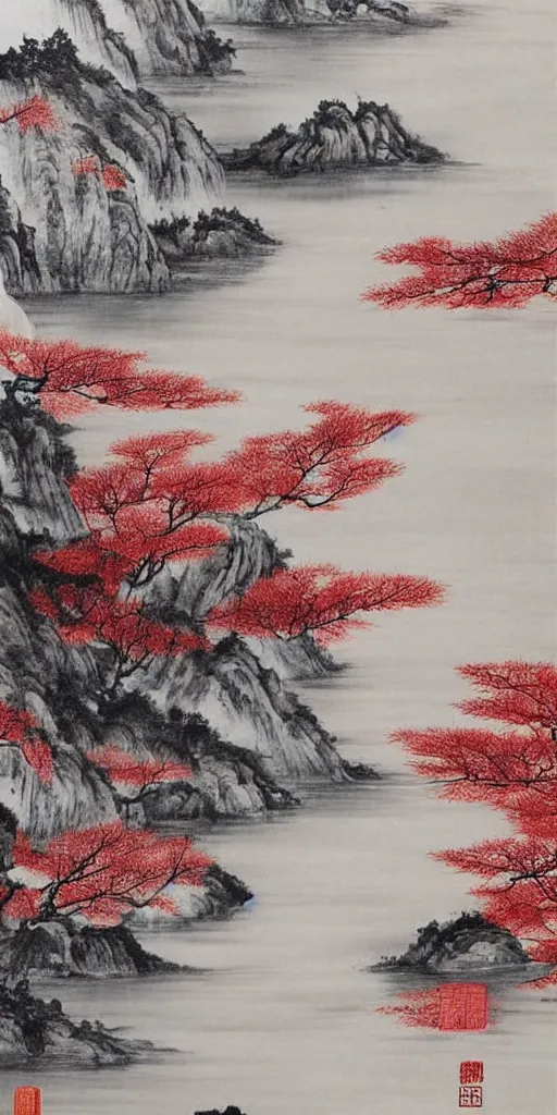 Image similar to Environmental shot, Beautiful!!!!! chinese ink-wash painting of a river!!!, beautiful brush strokes, red ink, birds flying , shui mo hua, highly intricate