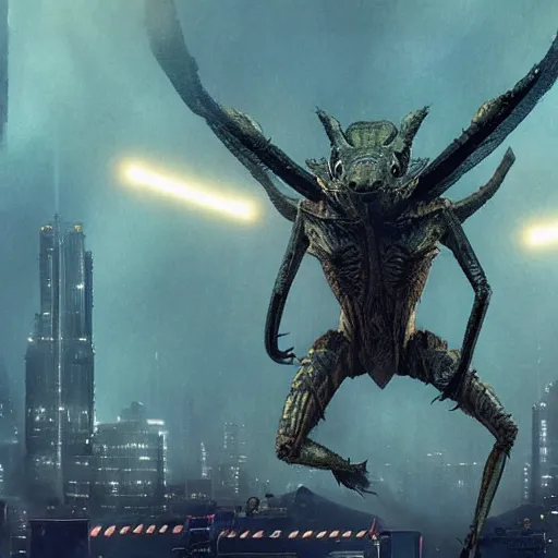 Image similar to a mantis kaiju with spread wings attacking a city, legendary epic shot, blade runner, low camera angle, dawn, by artgerm, ed repka, cloverfield movie, julie bell, beeple and Greg Rutkowski, airbrush, science fantasy, 50s, concept art, matte painting, Smooth gradients, octane render, 8k, High contrast, duo tone, depth of field, volumetric lightning, very coherent artwork