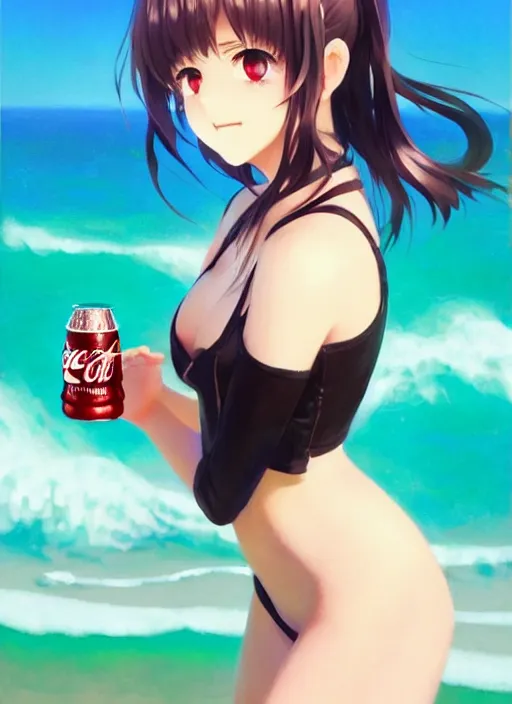 Image similar to full body picture of a extremely beautiful and attractive and cute and aesthetic girl drinking a coke, highly detailed face, very thirsty, dripping on the body, sharp focus, shiny day on the beach, specular reflection, occlusion shadow, trending on artstation, epic light novel cover art, art by ilya kuvshinov and sakimichan and jeremy lipking