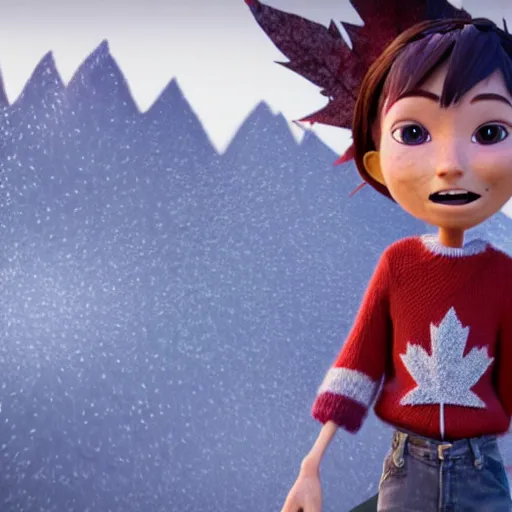 Prompt: a stopmotion animation character, a beautiful canadian woman, gardening, very attractive, spiky dark grey hair, striped sweater, tight denim jeans, maroon doc marten boots, canadian maple leaves blowing about, mountains, autumn, unreal engine 5, 8 k, kubo and the two strings, disney, pixar,