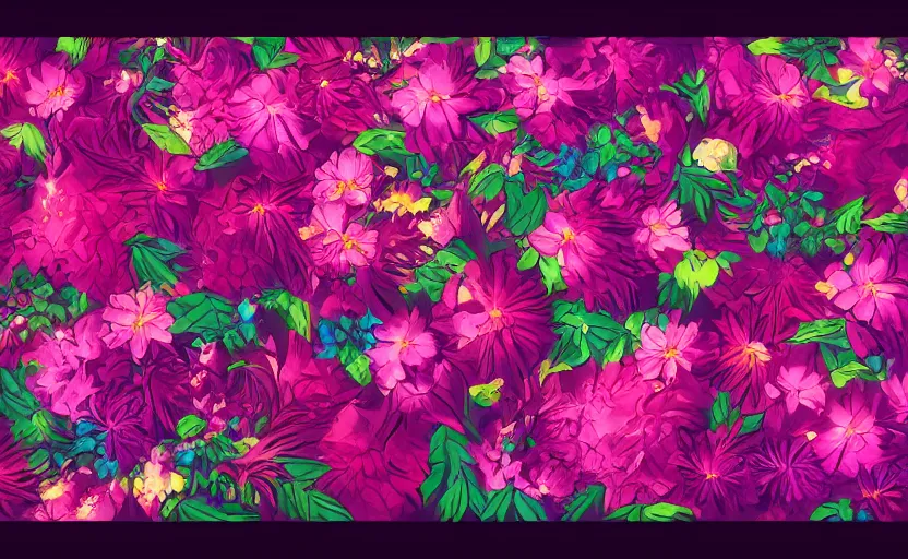 Image similar to flowers, retrowave epic art, trending on art station