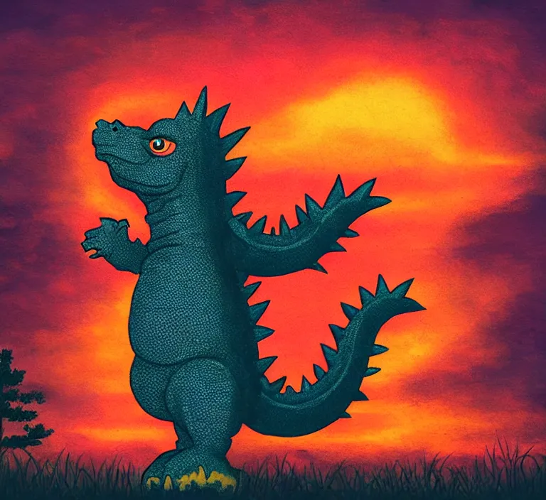 Prompt: cute baby godzilla is lost in the woods, surrounded by a fiery sky