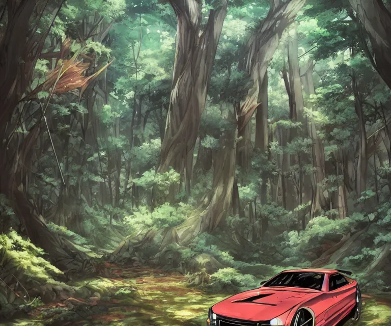 Prompt: car in a forest, anime fantasy illustration by tomoyuki yamasaki, kyoto studio, madhouse, ufotable, comixwave films, trending on artstation