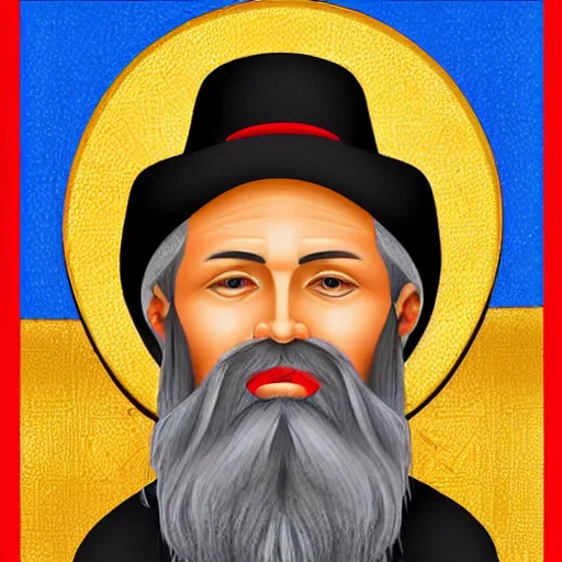 Image similar to hasidic rebbe, white beard, fedora hat, byzantine icon, highly detailed