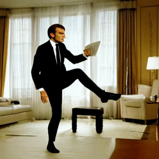 Image similar to Emmanuel Macron doing his morning routine in American Psycho (1999)