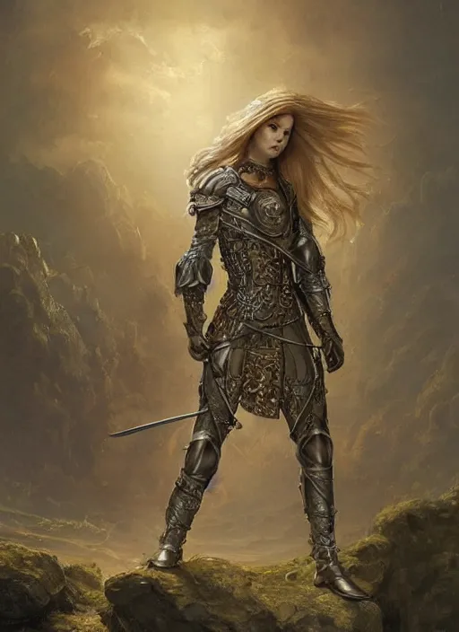 Image similar to highly detailed steampunk armor on a blond who is standing on a rock : leonardo da vinci, greg rutkowski, magali villeneuve