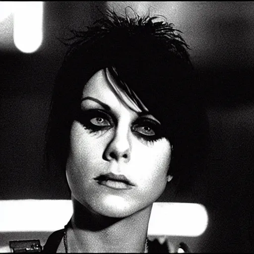 Image similar to a film portrait still of joan jett in blade runner, gritty cyberpunk atmosphere. realism, cinematic lighting, beautiful gothic fantasy photorealistic, 4 k. 8 mm. grainy. panavision.