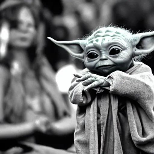 Prompt: baby yoda's musical performance at woodstock