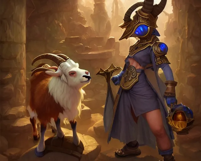 Prompt: anthropomorphic goat in a shopkeeper outfit and from final fantasy, in a wizard science lab, deep focus, league of legends, d & d, fantasy, intricate, elegant, highly detailed, digital painting, artstation, concept art, matte, sharp focus, illustration, hearthstone, art by artgerm and greg rutkowski and alphonse mucha