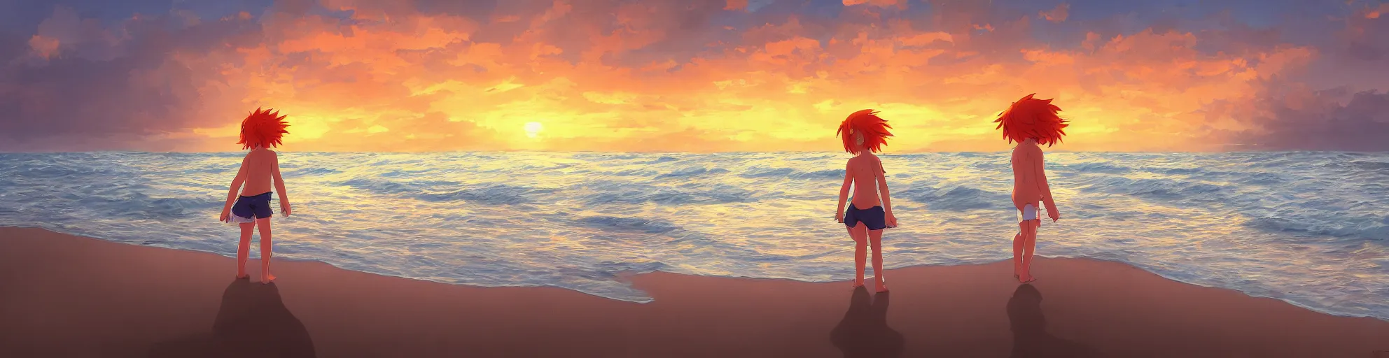 Image similar to beautiful, detailed digital painting of a orange-haired child playing on the beach and looking at the sunset, anime by Makoto Shinkai, sand, waves, trending on artstation