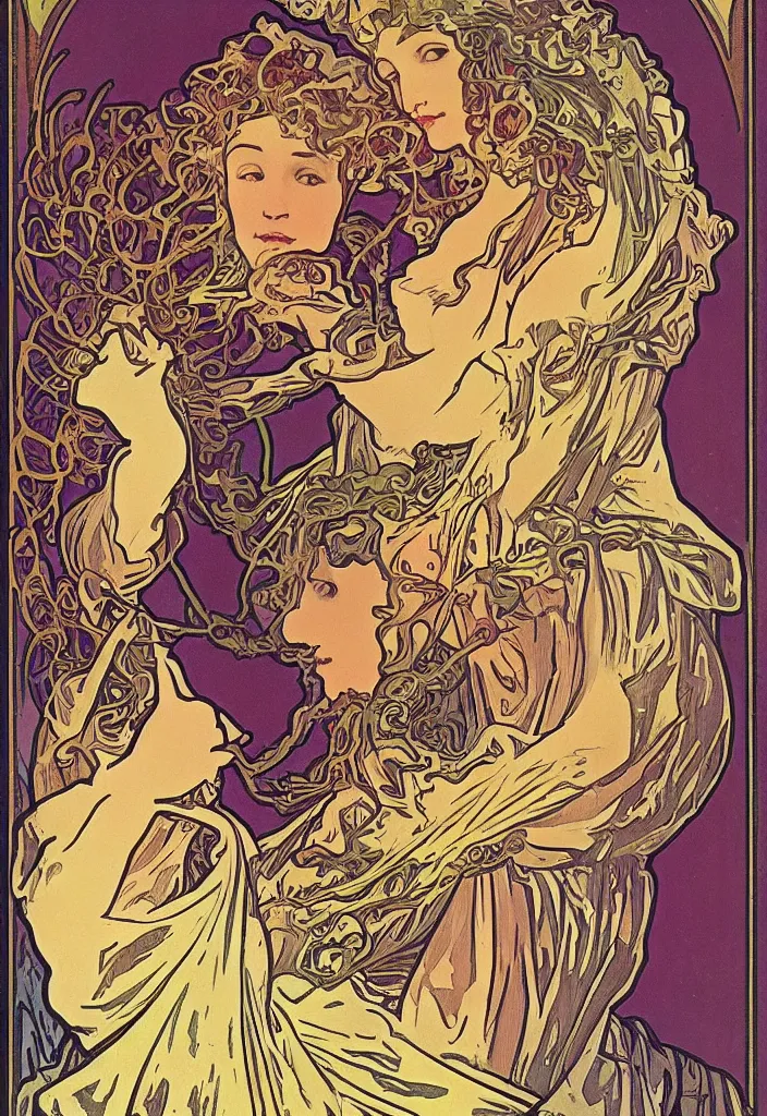 Image similar to the Fool on a tarot card, tarot in art style by Alphonse Mucha