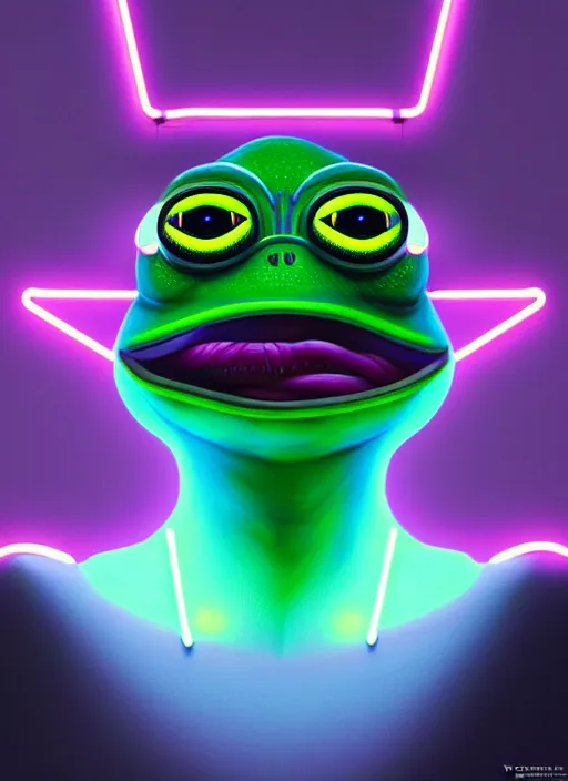 Prompt: portrait of pepe the frog cyber android, intricate, elegant, cyber neon lights, highly detailed, digital painting, cinema 4 d, glamor pose, concept art, smooth, sharp focus, illustration, art by artgerm and greg rutkowski