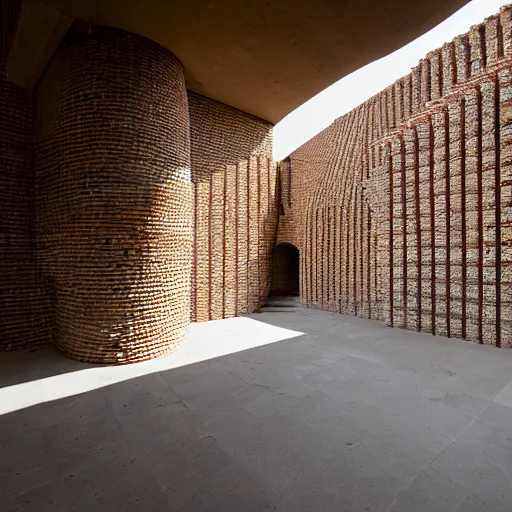 Image similar to courtyard of a monastary made of resursively stacked bricks, fusion of carlo scarpa and thomas heatherwick, architectural photography