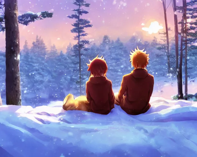 Prompt: a boy and a girl with long flowing auburn hair sitting together on the porch of a cabin on a mountain overlooking a snowy forest. Atmospheric lighting, long shot, romantic, boy and girl are the focus, cold lighting, snowy. Anime. By Makoto Shinkai, Stanley Artgerm Lau, WLOP, Rossdraws, James Jean, Andrei Riabovitchev, Marc Simonetti, krenz cushart, Sakimichan, D&D trending on ArtStation, digital art.