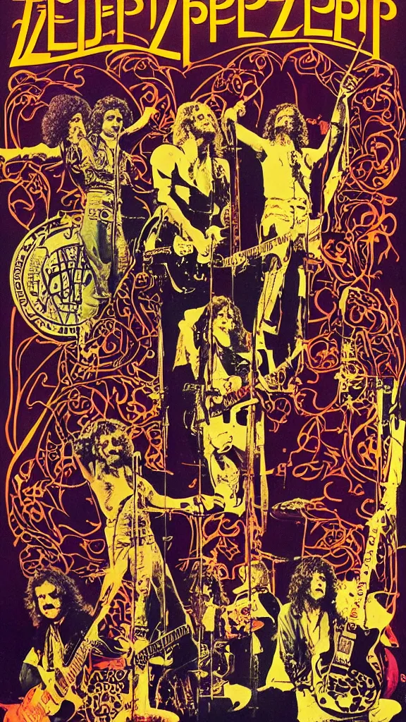 Image similar to Led Zeppelin concert poster circa 1969, Madison Square Garden, colorized, Robert plant, Jimmy Page, guitars, drum kit, art nouveau style, highly detailed