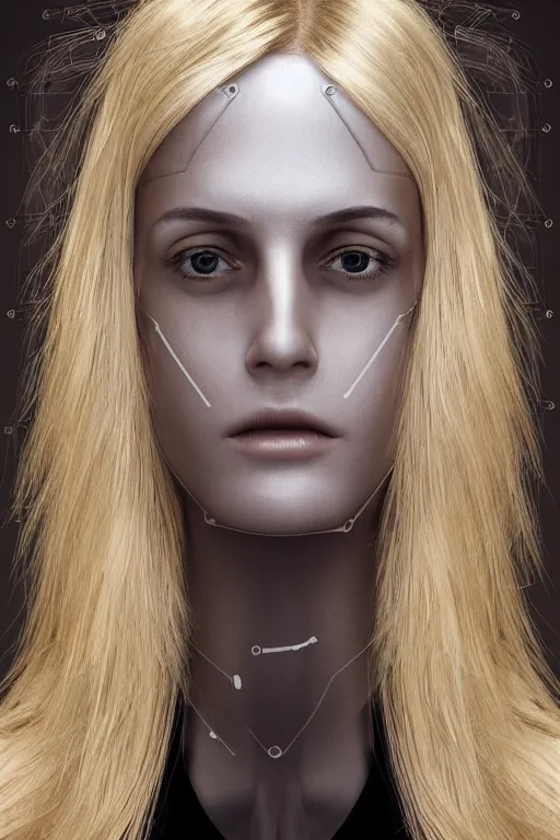 Image similar to robot with human face, female head, full body angle, woman human face, human face realistic, beautiful blonde hair, human head, human head with blonde hair, blonde hair human head, blonde hair, human realistic face, human head skin, cyborg frame concept, cyborg by ales-kotnik, sci-fi android female, the body is made of wires, robotic body, cyborg body, cyborg bust body, robot body cyborg, full body