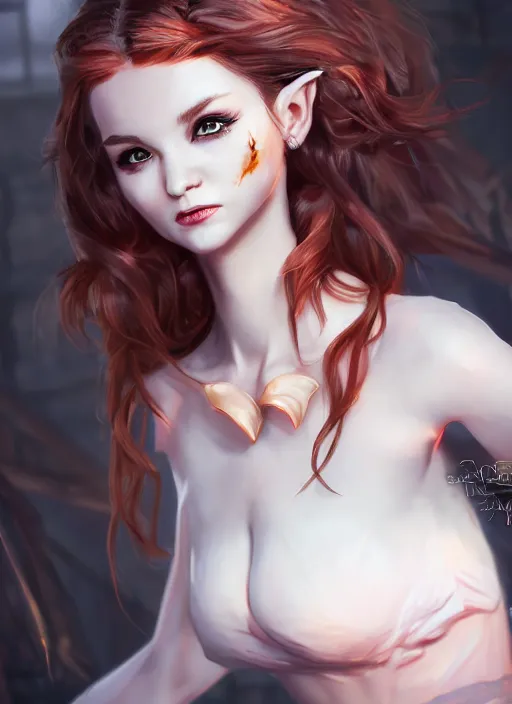 Image similar to beautiful fashion cute imp demon female strapless dress, character portrait in the style of thomas river and artgerm, wlop, cinematic lighting, hyperdetailed, 8 k realistic, symmetrical, global illumination, radiant light,, frostbite 3 engine, cryengine, dof, trending on artstation, digital art, chanel