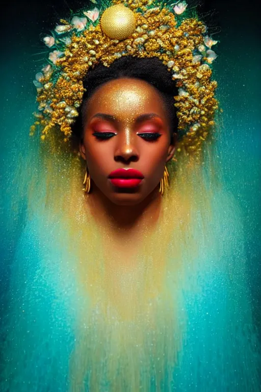 Image similar to hyperrealistic post - symbolist cinematic very beautiful! oshun goddess with white eyes, yoruba body paint, chrome dripping droplet lips, gold flowers, highly detailed digital art masterpiece, smooth etienne sandorfi eric zener dramatic pearlescent soft teal light, ground angle uhd 8 k, sharp focus