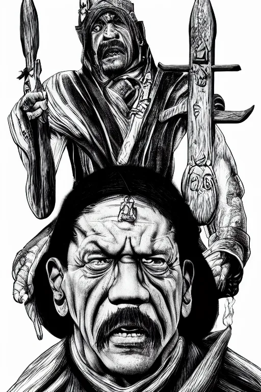 Image similar to Danny Trejo as church nun, dark fantasy, highly detailed, artstation, manga illustration by Kentaro Miura berserk