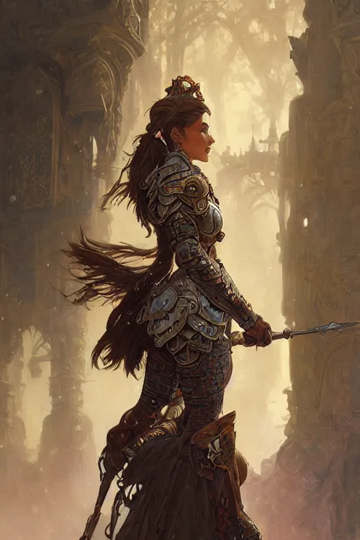 Prompt: portrait of a beautiful mysterious woman warrior wearing an armour costume, profile view, hidden hands, riding horse, fantasy, regal, intricate, by stanley artgerm lau, greg rutkowski, thomas kinkade, alphonse mucha, loish, norman rockwell