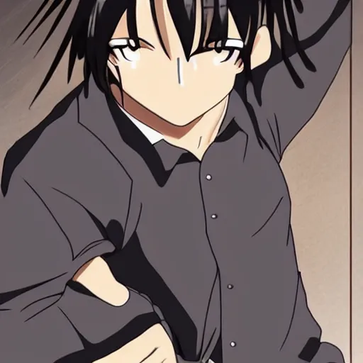 Image similar to A masculine middle aged man with tan skin, brown eyes, and hip-length, shiny, black hair, anime, manga