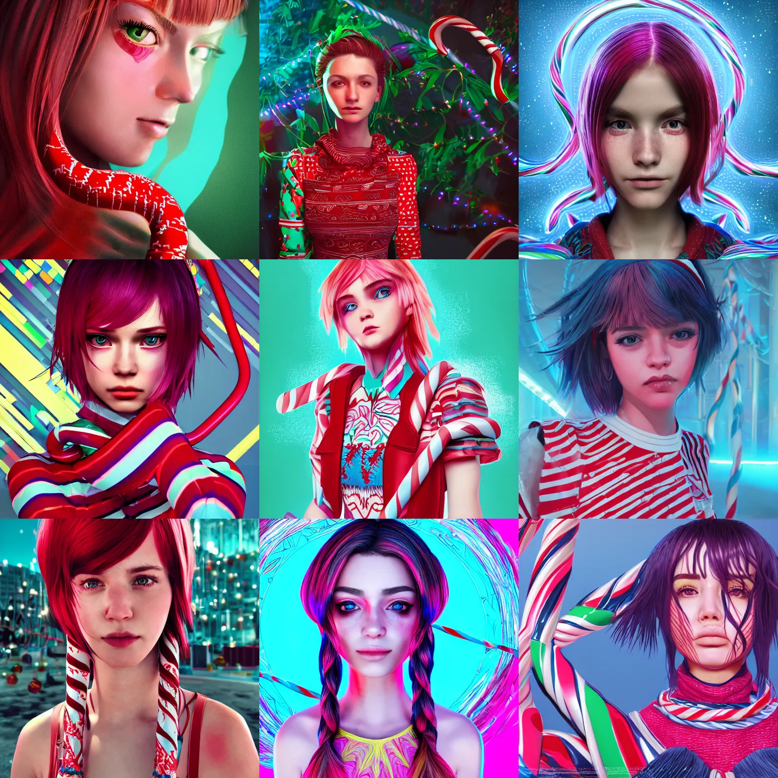 Prompt: the portrait of a cranky but beautiful and cool girl named claire who caught covid and dresses like a candy cane, intricate linework, bright colors, final fantasy, behance contest winner, vanitas, angular, altermodern, unreal engine 5 highly rendered, global illumination, radiant light, detailed and intricate environment