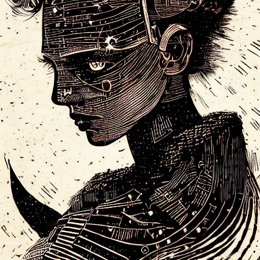 Prompt: Woodcut portrait of a beautiful cute girl with robot ears by falling into the stars greg rutkowski, 4k, intricate details