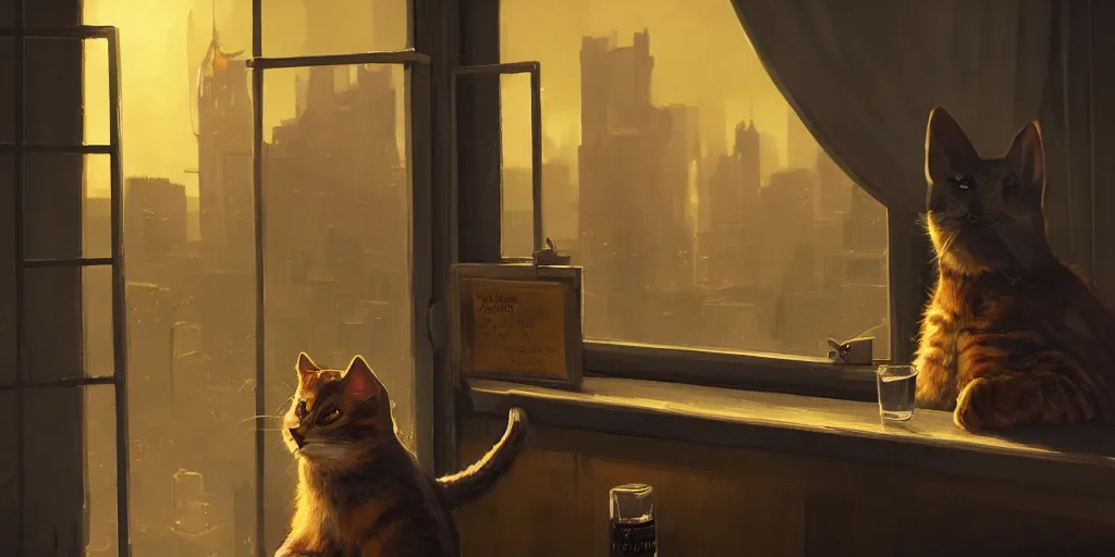 Prompt: detective cat is drinking whyskey at his office, zenith view, warm color palette, night time, dramatic lighting, noir film, fine details, high contrast, blacksad, juan diaz canales, juanjo guarnido, greg rutkowski, trending on artstation, 8 k, ultra wide angle