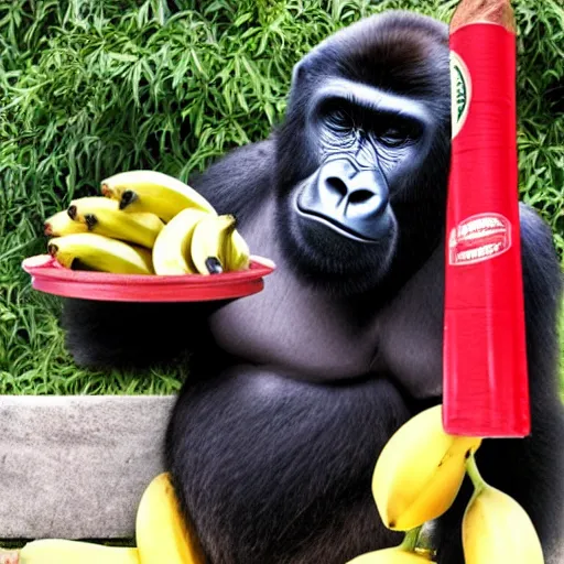 Prompt: gorilla with a bow tie and bowl hat smoking a big cuban cigar while holding 3 bananas