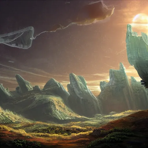 Image similar to an epic scifi landscape with a computer programmer