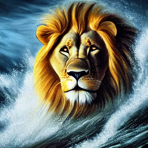 Image similar to a male lion's face breaching through a wave, stormy weather, ocean sprites, closeup of face, trending on artstation, dark lighting