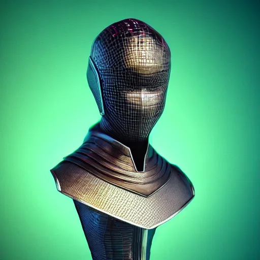 Prompt: hyperrealistic 3 d render of a bust of knight with futuristic fashion elements inspired by ludvig holmen, brilliantly colored, kingdoms of ether, octane render, 3 d animated, unreal engine 5, volumetric lighting, hdr, studio lighting, smooth surface, 8 k