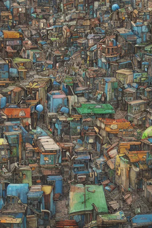 Prompt: scifi shanty town favela City Street with color full metal rooftops and wooden and concrete walls, intricate Details, illustration , in the style of Studio ghibli, tekkon kinkreet, akira, breath of the wild, myazaki, anime, clean render, denoise, rule of thirds