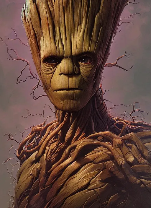 Image similar to Portrait of Groot, marvel comics, dark, intricate, highly detailed, smooth, artstation, digital illustration by Ruan Jia and Mandy Jurgens and Artgerm and Wayne Barlowe and Greg Rutkowski and Frank Frazetta