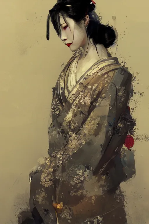 Image similar to female geisha girl, beautiful face, rule of thirds, intricate outfit, spotlight, by greg rutkowski, by jeremy mann, digital painting