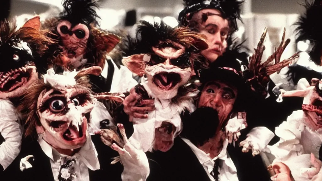 Prompt: Gremlins disguised as soundcloud rappers and heath food influencers orchestrate black swan event stock market crypto crash, film still from Gremlins 3 directed by Joe Dante, Nathan Fielder and Groucho Marx