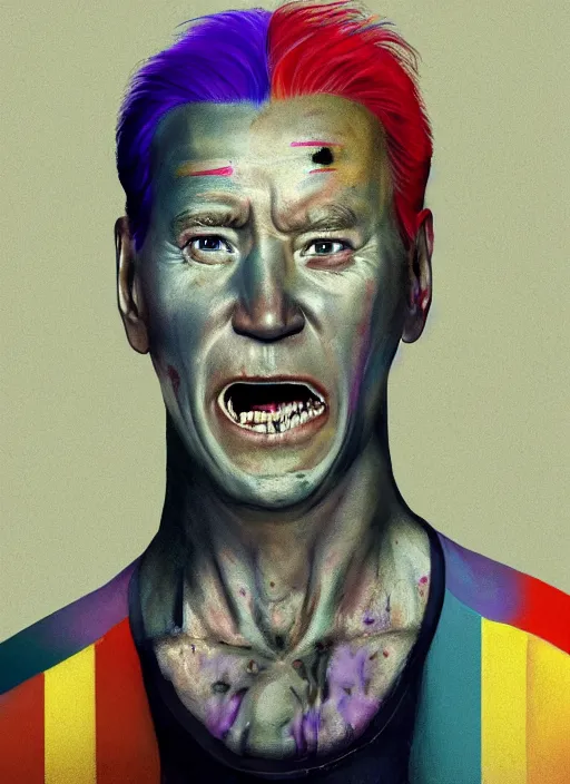 Prompt: Joe Biden as a transgender woman, maniac look, rainbow hair, ugly, gross, realistic, beta male, accurately portrayed, portrait art by Hieronymus Bosch and greg rutkowski, highly detailed, digital painting, concept art, illustration, transgender flag displayed, trending on artstation, very detailed, smooth, sharp focus, octane render, close up