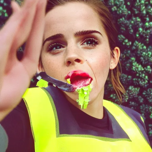 Image similar to photo, close up, emma watson in a hi vis vest, chewing tobacco, mouth full, portrait, kodak gold 2 0 0,
