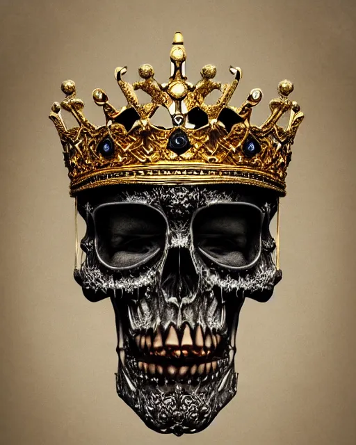 Prompt: realistic portrait of a king of bones, dark, gold, silver ornaments, facing camera, photo realistic, detailed, 1 4 5 0, delicate, hyper realism, ultra realistic, 8 k